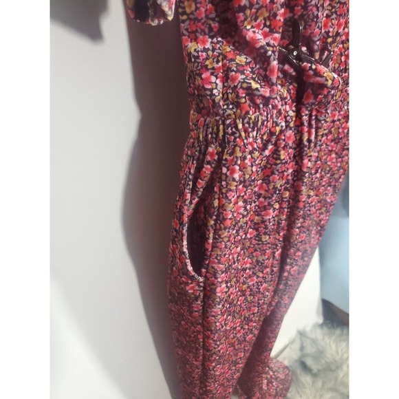 Old Navy Med Pink Floral Velour Short Puff Sleeve Stretchy Keyhole Back Jumpsuit - Picture 7 of 10